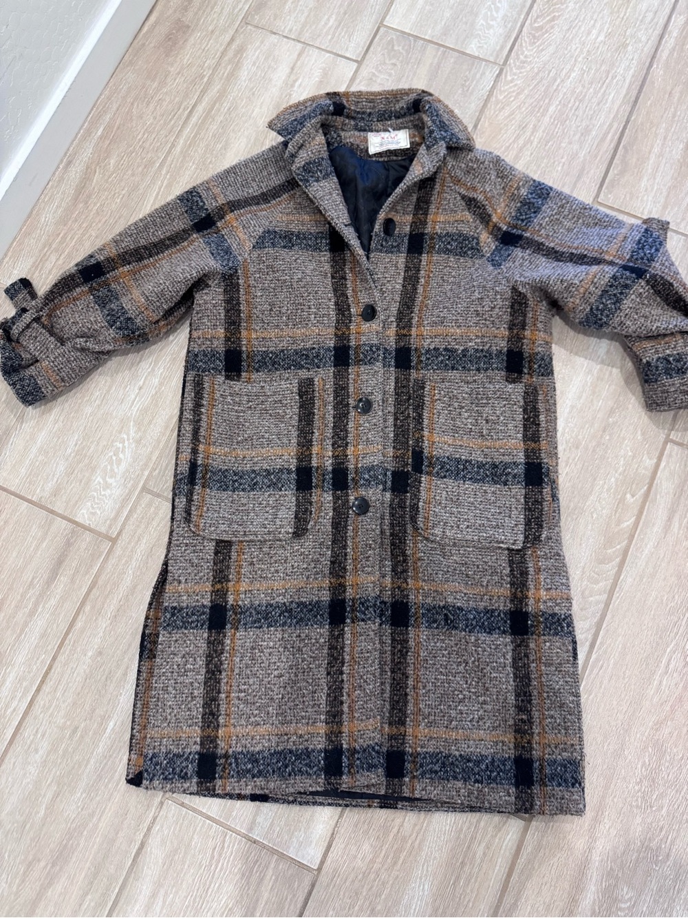 Plaid Wool-Blend Shacket Coat in Taupe & Navy